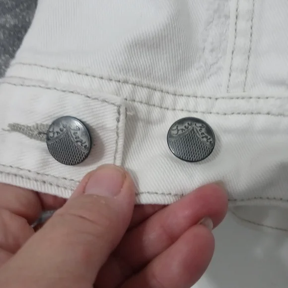 Free People Distressed White Denim Button Up Hooded Jacket Gray thermal Contrast - Picture 13 of 16